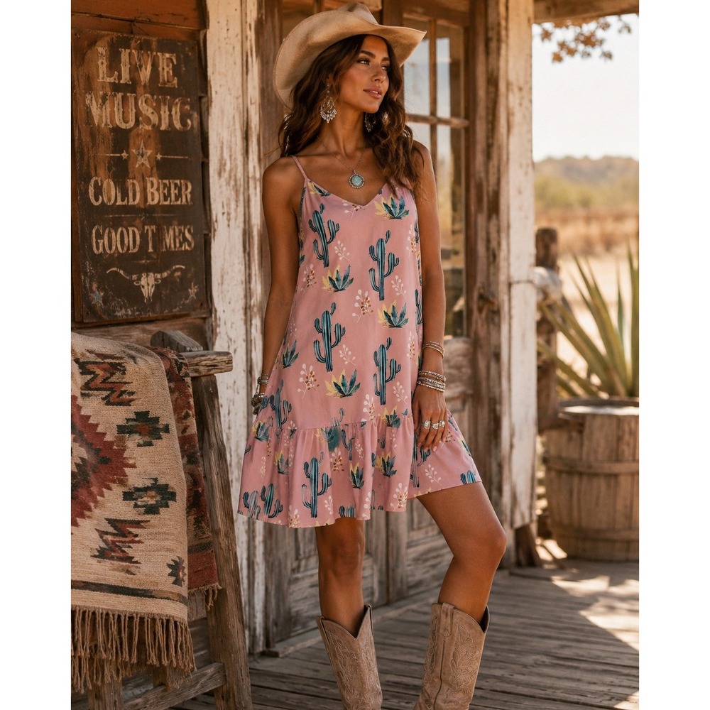 Peach Love California Small Pink Cactus Print Ruffle Mini Dress Pockets Cowgirl‎